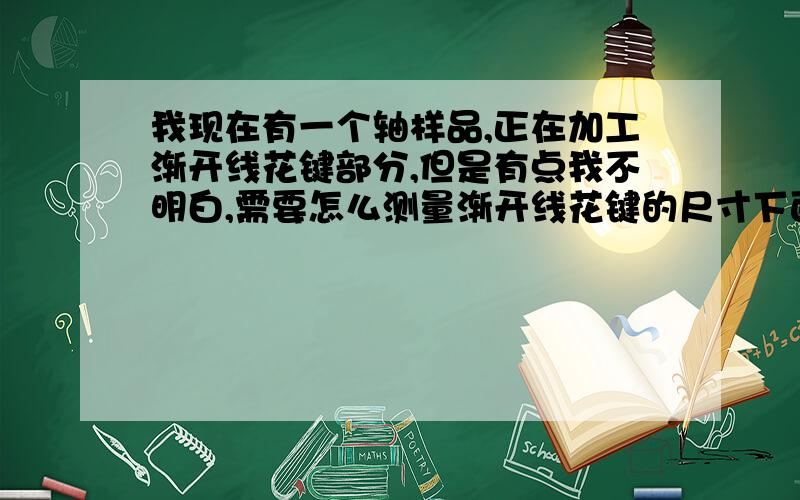 我现在有一个轴样品,正在加工渐开线花键部分,但是有点我不明白,需要怎么测量渐开线花键的尺寸下面是花键大致尺寸,直径为16,齿数是20,我想量的是 小径和齿宽怎么量啊  如果不测量量,怎