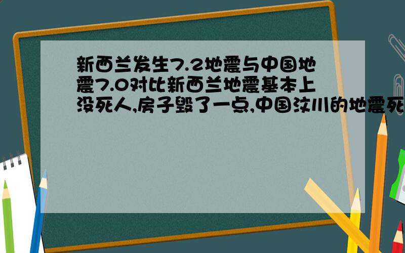 新西兰发生7.2地震与中国地震7.0对比新西兰地震基本上没死人,房子毁了一点,中国汶川的地震死了好多,我们应当反思 是不是我们政府的问题?豆腐渣房子,还是人家政府好的多,房子也建造的好