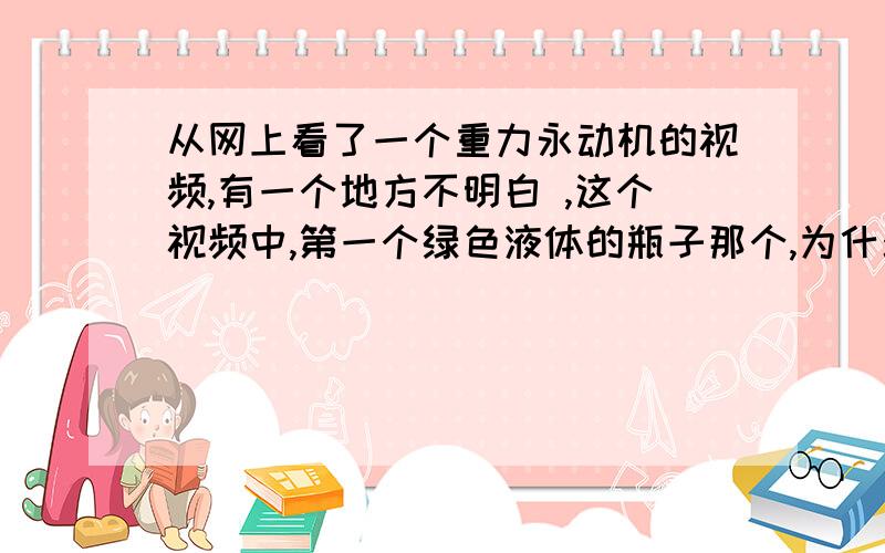 从网上看了一个重力永动机的视频,有一个地方不明白 ,这个视频中,第一个绿色液体的瓶子那个,为什么右面的管子里的液体会高于左边的瓶子中的液体高度?根据连通器原理,不是应该左面瓶子