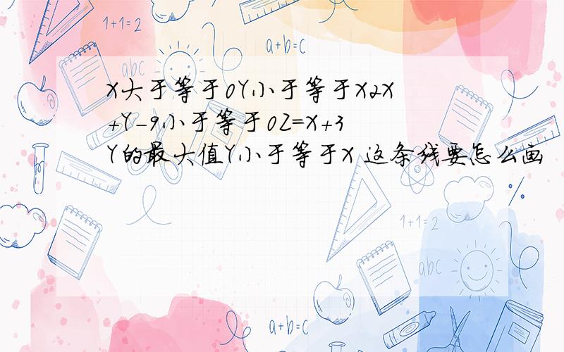 X大于等于0Y小于等于X2X+Y-9小于等于0Z=X+3Y的最大值Y小于等于X 这条线要怎么画