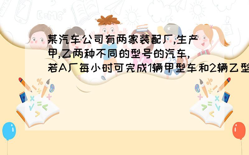 某汽车公司有两家装配厂,生产甲,乙两种不同的型号的汽车,若A厂每小时可完成1辆甲型车和2辆乙型车,B厂每小时可完成3辆甲型车和1辆乙型车.今欲装配40辆甲型车和乙型车,问这两家工厂各工