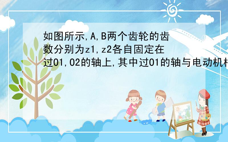 如图所示,A,B两个齿轮的齿数分别为z1,z2各自固定在过O1,O2的轴上,其中过O1的轴与电动机相连接,此轴的转速为n1,求：（1）B齿轮的转速n2;(2)A,B两齿轮的半径之比；（3）在时间t内,A,B两齿轮转过