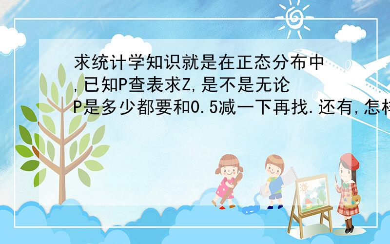 求统计学知识就是在正态分布中,已知P查表求Z,是不是无论P是多少都要和0.5减一下再找.还有,怎样判断这个概率P是在正态曲线中央还是两端呢?