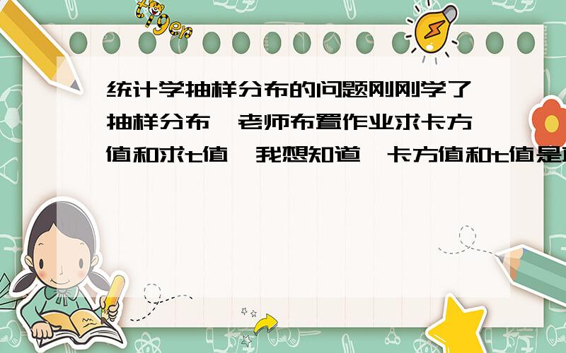 统计学抽样分布的问题刚刚学了抽样分布,老师布置作业求卡方值和求t值,我想知道,卡方值和t值是直接查表就可以得出来的吗?不用计算什么的吗?这是题目