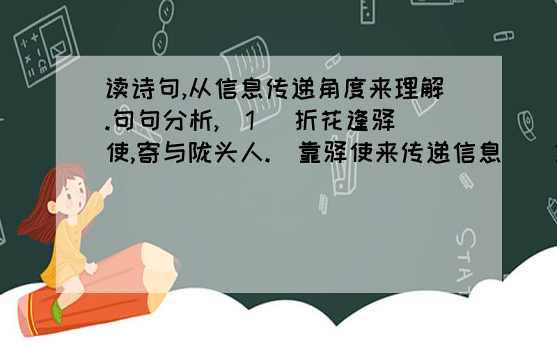 读诗句,从信息传递角度来理解.句句分析,（1） 折花逢驿使,寄与陇头人.（靠驿使来传递信息）（2） 马上相逢无纸笔,凭君传语报平安.（3） 洛阳亲友如相问,一片冰心在玉壶.（4）遥知兄弟登