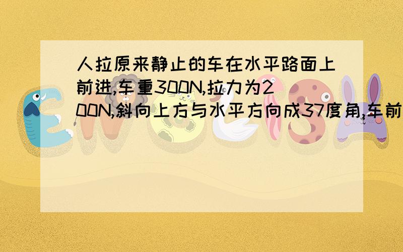 人拉原来静止的车在水平路面上前进,车重300N,拉力为200N,斜向上方与水平方向成37度角,车前进了500m,车与路面间的动摩擦因数为0.1,求1.重力对车做的功,支持力对车做的功；2.拉力对车做的功；