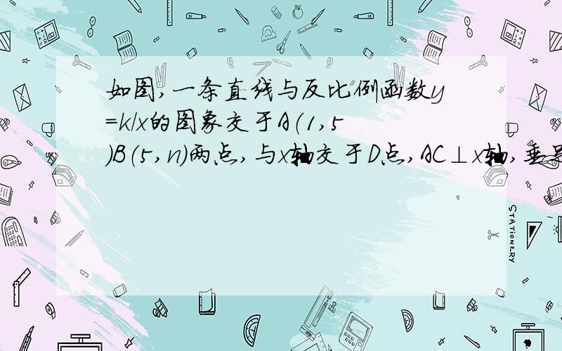 如图,一条直线与反比例函数y=k/x的图象交于A（1,5）B（5,n）两点,与x轴交于D点,AC⊥x轴,垂足为C．（1）如图甲，①求反比例函数的解析式；②求N的值及D点坐标；（2）如图乙，若点E在线段AD上