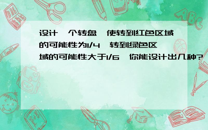 设计一个转盘,使转到红色区域的可能性为1/4,转到绿色区域的可能性大于1/6,你能设计出几种?