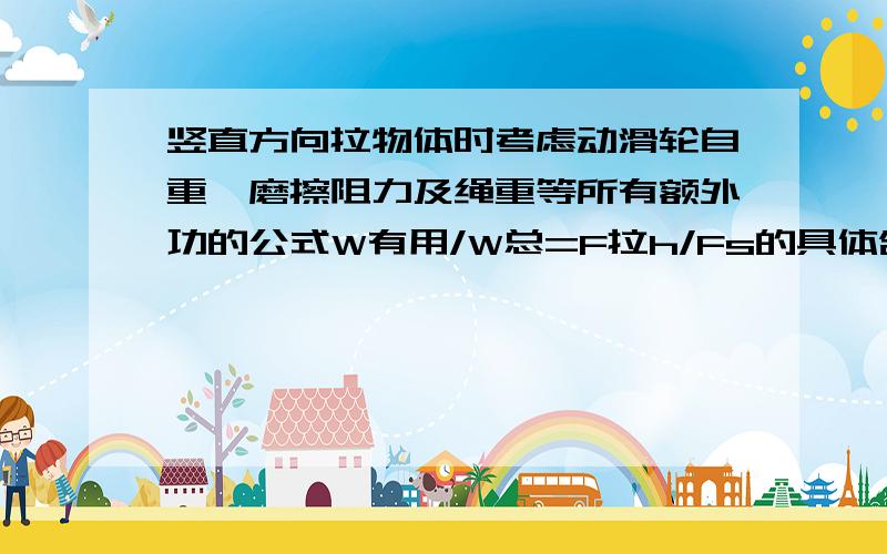 竖直方向拉物体时考虑动滑轮自重,磨擦阻力及绳重等所有额外功的公式W有用/W总=F拉h/Fs的具体含义