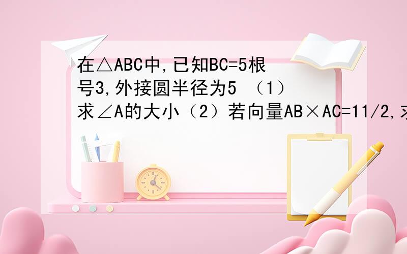 在△ABC中,已知BC=5根号3,外接圆半径为5 （1）求∠A的大小（2）若向量AB×AC=11/2,求△ABC的周长