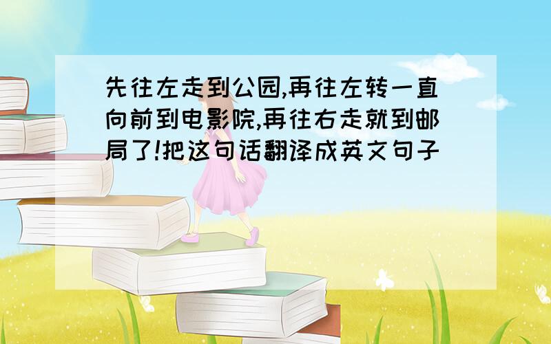 先往左走到公园,再往左转一直向前到电影院,再往右走就到邮局了!把这句话翻译成英文句子