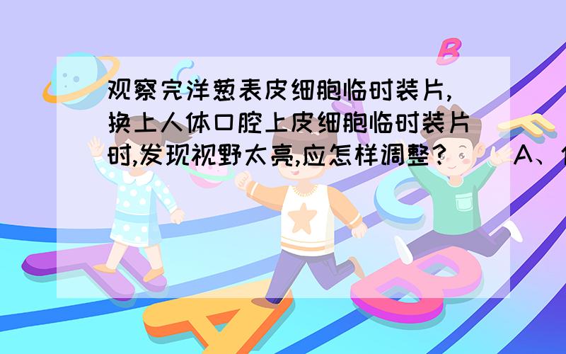 观察完洋葱表皮细胞临时装片,换上人体口腔上皮细胞临时装片时,发现视野太亮,应怎样调整?（ ）A、使用反光镜的凹面,小光圈 B、使用反光镜的平面,大光圈 C、换小光圈,用平面镜 D、换大光