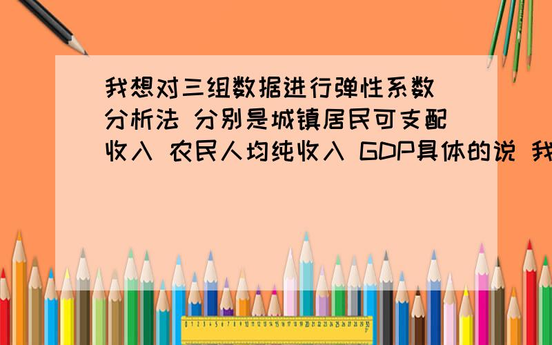 我想对三组数据进行弹性系数 分析法 分别是城镇居民可支配收入 农民人均纯收入 GDP具体的说 我拥有这三组数据 01年到12年的数据 我想知道GDP的变化引起两种居民收入的变化规律 就是说GDP