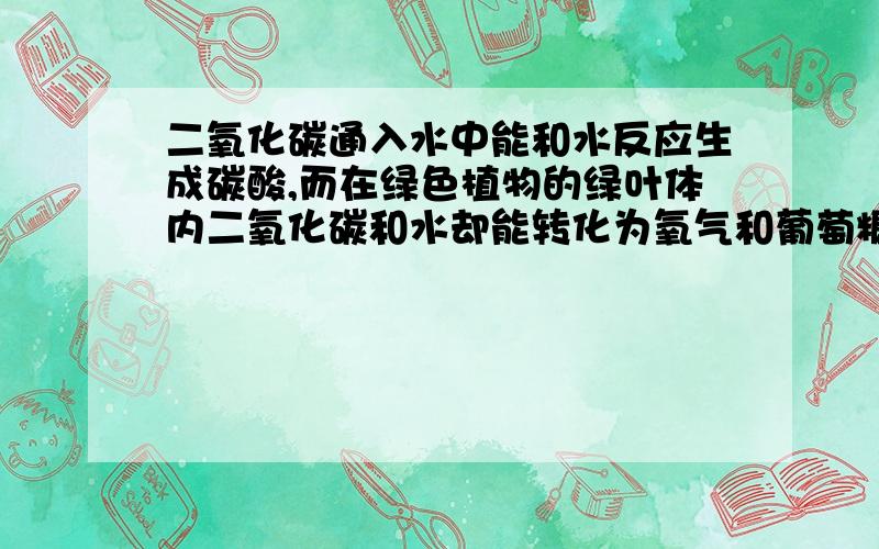 二氧化碳通入水中能和水反应生成碳酸,而在绿色植物的绿叶体内二氧化碳和水却能转化为氧气和葡萄糖.