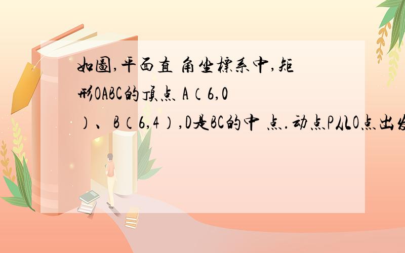 如图,平面直 角坐标系中,矩形OABC的顶点 A（6,0）、B（6,4）,D是BC的中 点.动点P从O点出发,以每秒1个单 沿着OA、AB、BD运动.设P点运动的时间为t秒（0＜t＜ 13）.（1）当点P在AB上运动时,试探索当PO