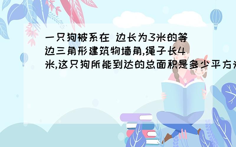 一只狗被系在 边长为3米的等边三角形建筑物墙角,绳子长4米,这只狗所能到达的总面积是多少平方米?