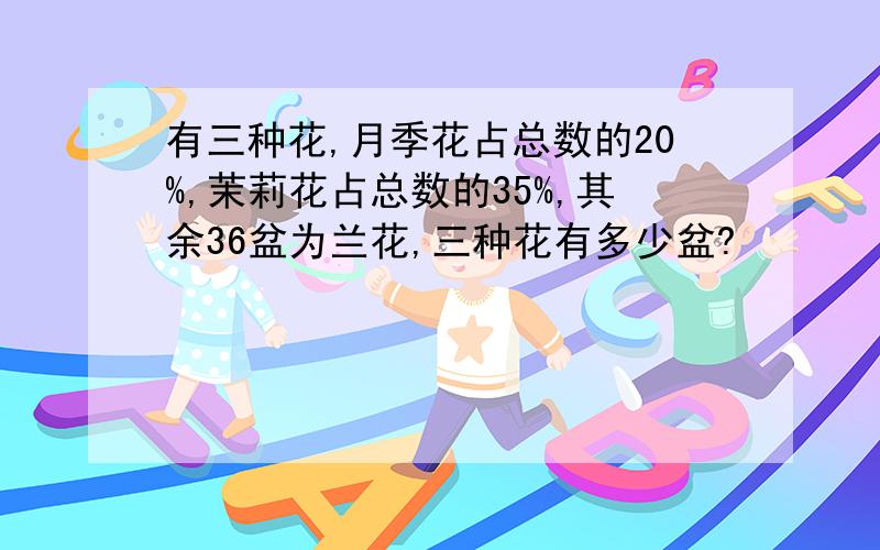 有三种花,月季花占总数的20%,茉莉花占总数的35%,其余36盆为兰花,三种花有多少盆?