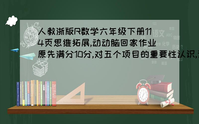 人教浙版R数学六年级下册114页思维拓展,动动脑回家作业原先满分10分,对五个项目的重要性认识,设定一个各项考试内容的占分比例（①均为整数②总和为10,③不全相同）,按这个比例对班级得