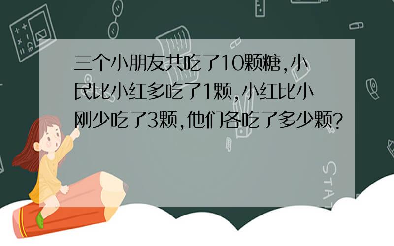 三个小朋友共吃了10颗糖,小民比小红多吃了1颗,小红比小刚少吃了3颗,他们各吃了多少颗?