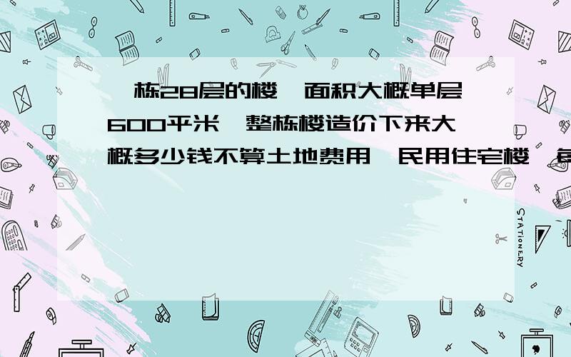 一栋28层的楼,面积大概单层600平米,整栋楼造价下来大概多少钱不算土地费用,民用住宅楼,每层6户一栋28层的楼,面积大概单层600平米,整栋楼造价下来大概多少钱不算土地费用,只算从地基到封