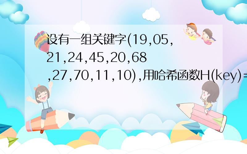 设有一组关键字(19,05,21,24,45,20,68,27,70,11,10),用哈希函数H(key)=key%13设有一组关键字（19,05,21,24,45,20,68,27,70,11,10）,用哈希函数H（key）=key%13,采用线性探测再散列方法解决冲突,试在0-14的散列地址