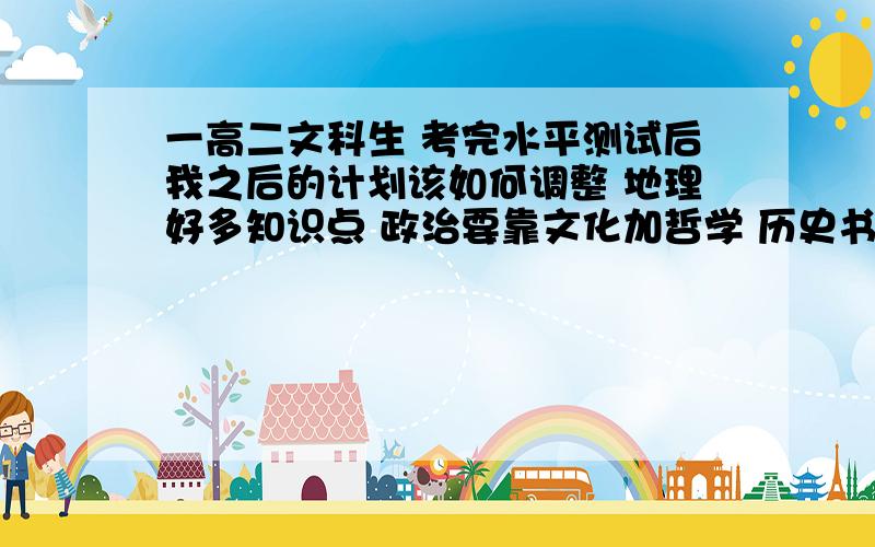 一高二文科生 考完水平测试后我之后的计划该如何调整 地理好多知识点 政治要靠文化加哲学 历史书没看过理解能力没那么强 地理总在及格边缘 地理老师一般般 但对于拓展方面还可以 政