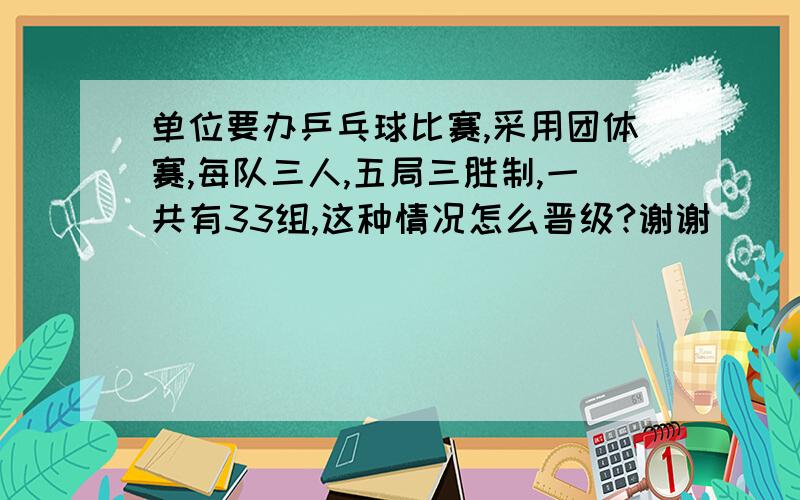 单位要办乒乓球比赛,采用团体赛,每队三人,五局三胜制,一共有33组,这种情况怎么晋级?谢谢