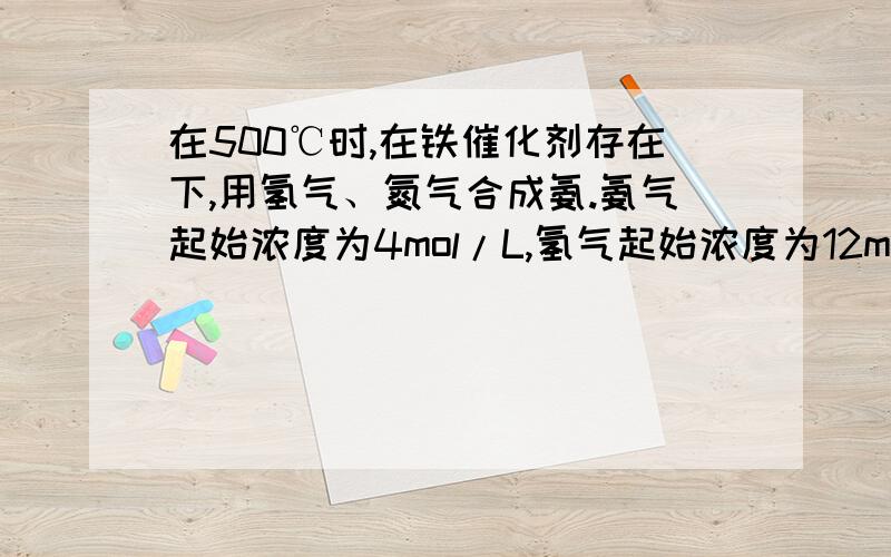 在500℃时,在铁催化剂存在下,用氢气、氮气合成氨.氨气起始浓度为4mol/L,氢气起始浓度为12mol/L,反应进行到20s时,氨气浓度为1.6molL.计算该反应的反应速率（用各反应物或生成物的浓度变化来表