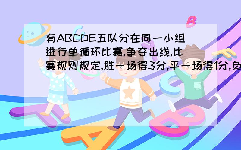 有ABCDE五队分在同一小组进行单循环比赛,争夺出线,比赛规则规定,胜一场得3分,平一场得1分,负一场得0小组中名次在前的两个队出线,小组比赛结束后A队的积分为9分（1）A队的战绩是几胜几平?