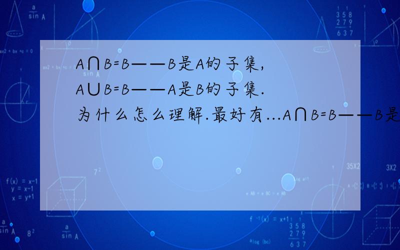 A∩B=B——B是A的子集,A∪B=B——A是B的子集.为什么怎么理解.最好有...A∩B=B——B是A的子集,A∪B=B——A是B的子集.为什么怎么理解.最好有例题讲解.非常感谢.