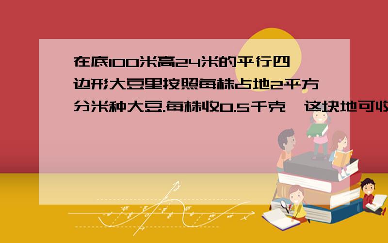 在底100米高24米的平行四边形大豆里按照每株占地2平方分米种大豆.每株收0.5千克,这块地可收大豆几千克