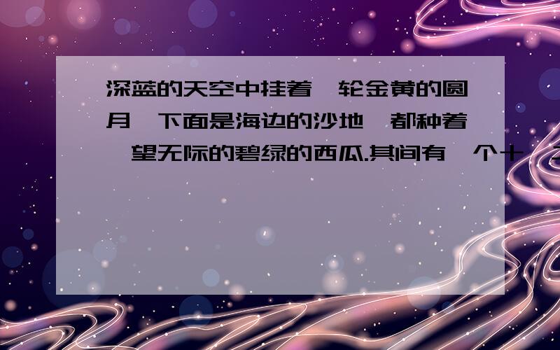 深蓝的天空中挂着一轮金黄的圆月,下面是海边的沙地,都种着一望无际的碧绿的西瓜.其间有一个十一二岁的少年,项带银圈,手捏一柄钢叉,向一匹碴,尽力地刺去.“其间”指的是