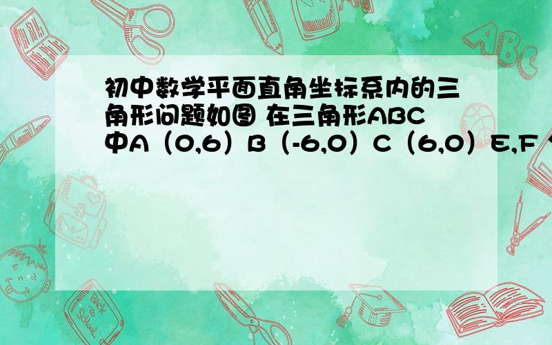 初中数学平面直角坐标系内的三角形问题如图 在三角形ABC中A（0,6）B（-6,0）C（6,0）E,F 分别是线段AB AC 上与端点不重合的两个动点,若点E,F分别从C,A两点同时出发 以每秒1个单位长度的速度沿C