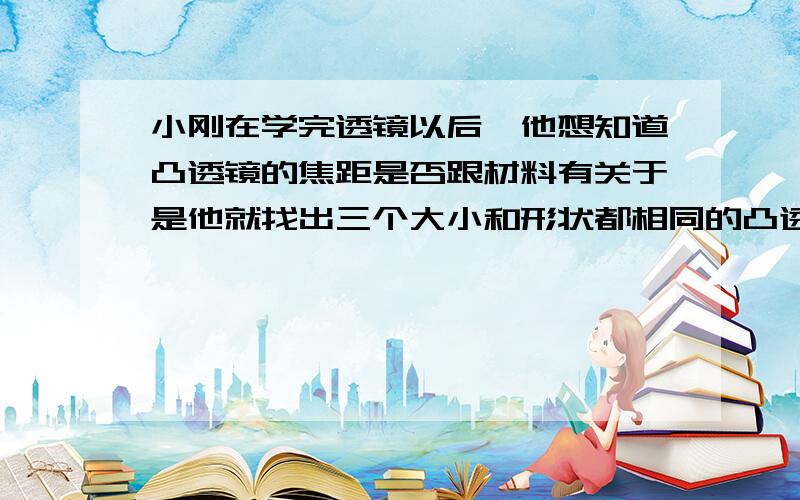 小刚在学完透镜以后,他想知道凸透镜的焦距是否跟材料有关于是他就找出三个大小和形状都相同的凸透镜,其材料分别是由玻璃、水晶、透明塑料制成.请你帮他设计这次探究的全过程,完成如