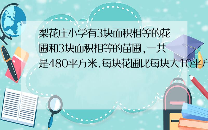 梨花庄小学有3块面积相等的花圃和3块面积相等的苗圃,一共是480平方米.每块花圃比每块大10平方米,每块花圃和每块苗圃的面积各是多少平方米?说明,要4种方法