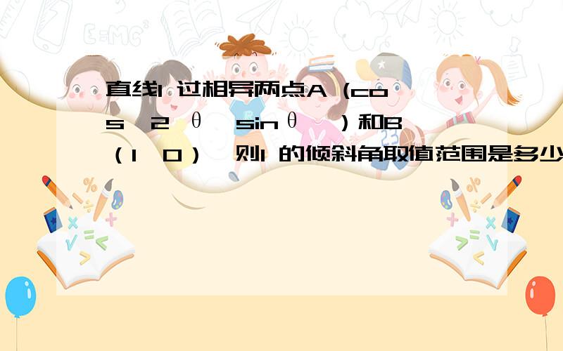 直线l 过相异两点A (cos^2 θ,sinθ,）和B（1,0）,则l 的倾斜角取值范围是多少（过程啊,