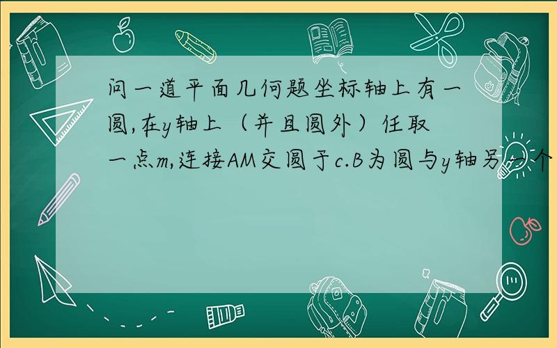 问一道平面几何题坐标轴上有一圆,在y轴上（并且圆外）任取一点m,连接AM交圆于c.B为圆与y轴另一个交点,作bd平行am交圆于d,交x轴于n.连接mn、cd交于p.连接op.证：op平行am.不要用解析几何.我想