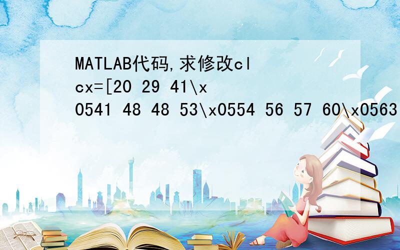 MATLAB代码,求修改clcx=[20 29 41\x0541 48 48 53\x0554 56 57 60\x0563 67 71 75 80\x0583 88 100 101]';y=[1.0 0.93\x050.68 0.81 0.58 0.60\x050.59 0.48 0.52 0.46 0.42 0.60 0.36 0.55\x050.40 0.46 0.48 0.38 0.41 0.37]';P=polyfit(log(x),log(y),1);X=x(1)