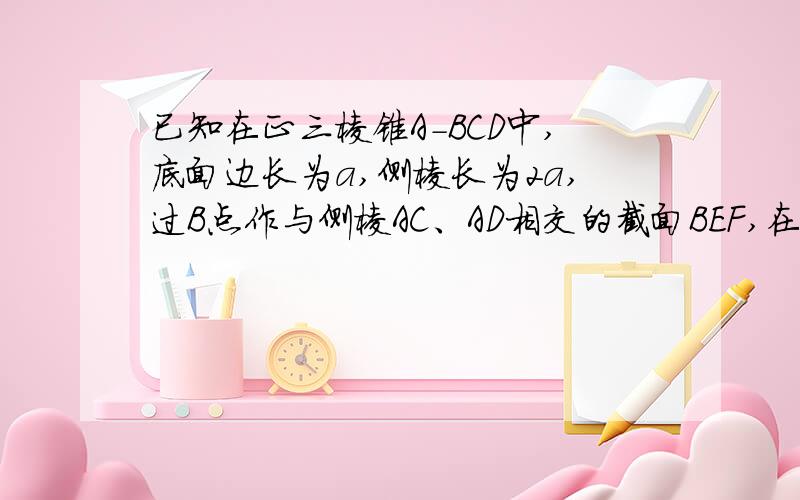 已知在正三棱锥A-BCD中,底面边长为a,侧棱长为2a,过B点作与侧棱AC、AD相交的截面BEF,在这个截面三角形中.求；（1）,周长的最小值 （2）周长最小时的截面面积?