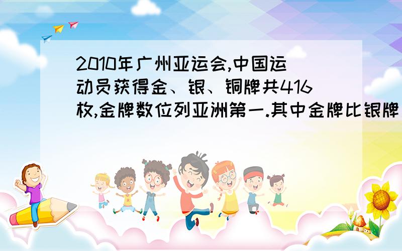 2010年广州亚运会,中国运动员获得金、银、铜牌共416枚,金牌数位列亚洲第一.其中金牌比银牌多80枚.且金牌比铜牌的两倍还多3枚．问金牌多少枚?