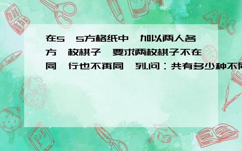 在5×5方格纸中,加以两人各方一枚棋子,要求两枚棋子不在同一行也不再同一列.问：共有多少种不同的放法算式