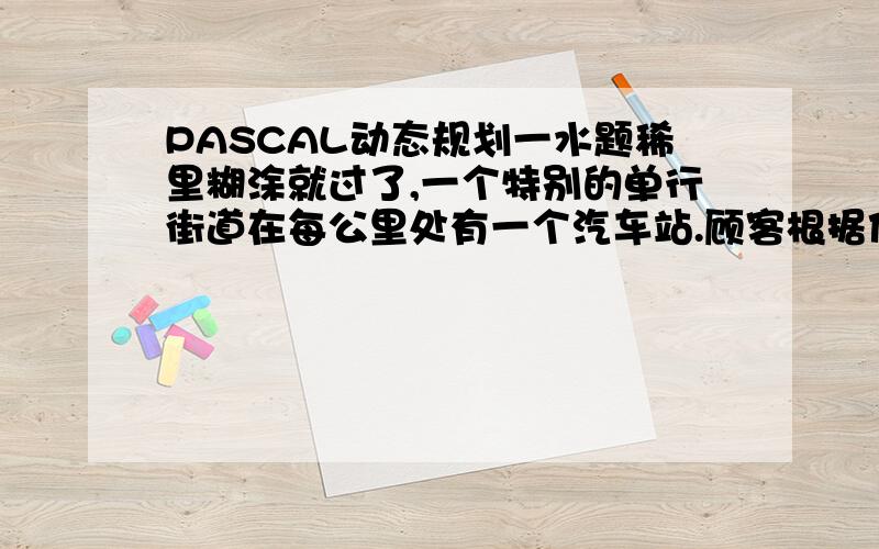 PASCAL动态规划一水题稀里糊涂就过了,一个特别的单行街道在每公里处有一个汽车站.顾客根据他们乘坐汽车的公里使来付费.例如下表就是一个费用的单子.没有一辆车子行驶超过10公里,一个顾