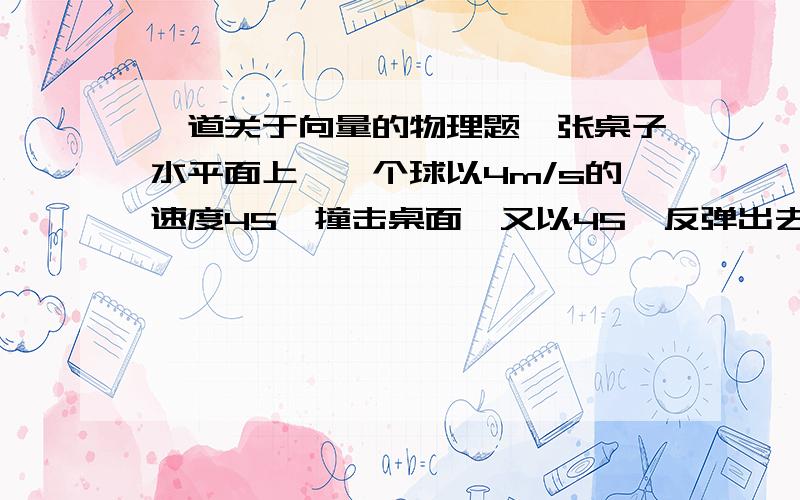 一道关于向量的物理题一张桌子水平面上,一个球以4m/s的速度45°撞击桌面,又以45°反弹出去,两个向量形成90°,这两个速度的变化是多少?怎么求?