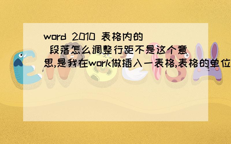 word 2010 表格内的 段落怎么调整行距不是这个意思,是我在work做插入一表格,表格的单位个内很一段问题,好几行.想把这一个单元格内的文字间行距调整,比如说是单倍行距改为1.5倍.原来2003是可