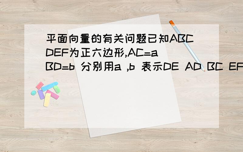 平面向量的有关问题已知ABCDEF为正六边形,AC=a BD=b 分别用a ,b 表示DE AD BC EF FA CD AB CE具体说一下DE怎么就就可以了~以上全部都是向量!