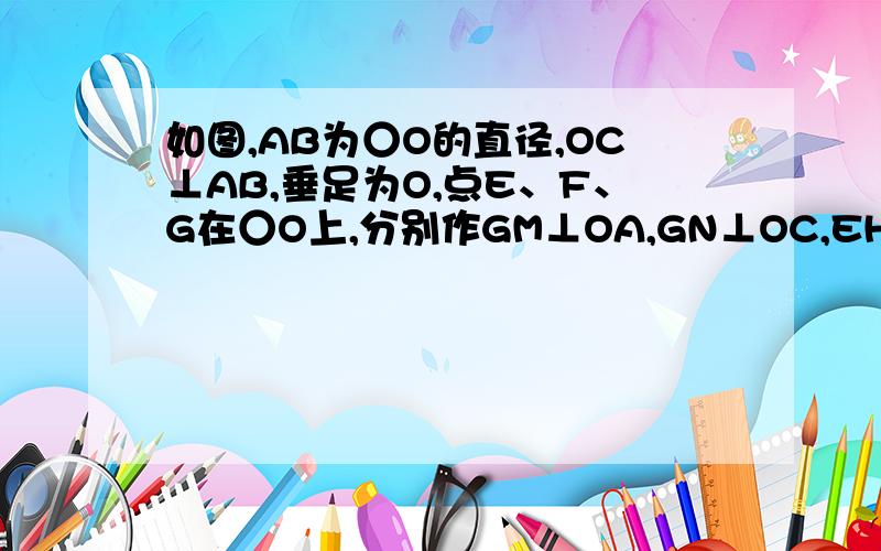 如图,AB为○O的直径,OC⊥AB,垂足为O,点E、F、G在○O上,分别作GM⊥OA,GN⊥OC,EH⊥OC,EK⊥OB,FQ⊥OC,FP⊥OB,垂足分别为M、N、H、K、Q、P.试比较MN、QP、HK的大小