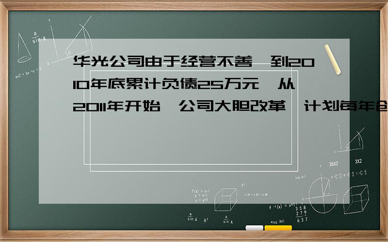 华光公司由于经营不善,到2010年底累计负债25万元,从2011年开始,公司大胆改革,计划每年创利润25万元,争创利达到515万元,问；该公司在哪一年可以实现这个目标?