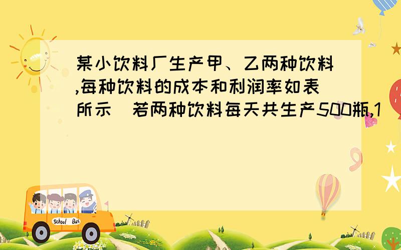 某小饮料厂生产甲、乙两种饮料,每种饮料的成本和利润率如表所示．若两种饮料每天共生产500瓶,1）求y与x之间的函数关系式；（2）如果该厂每天投入的总成本不超过1800元,则至少要安排生