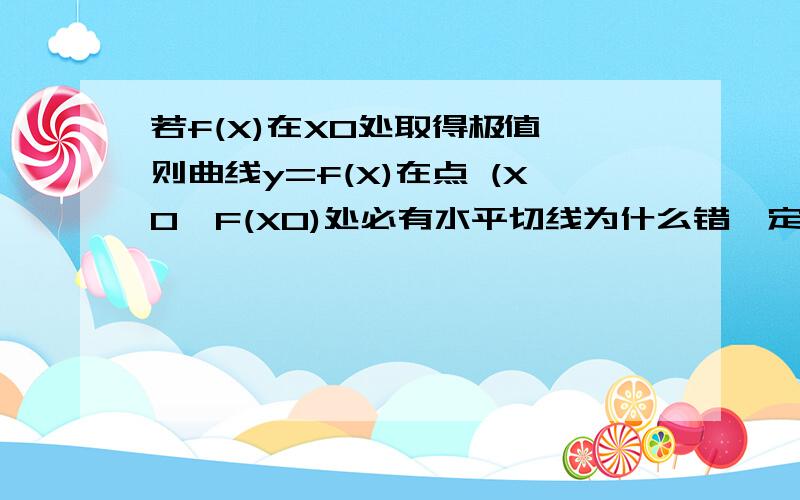 若f(X)在X0处取得极值,则曲线y=f(X)在点 (X0,F(X0)处必有水平切线为什么错,定义都说极值点一定是驻点,那么导数肯定为0