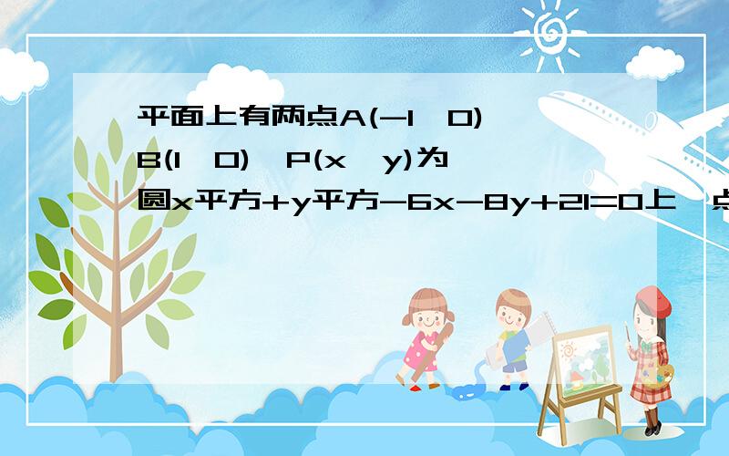 平面上有两点A(-1,0),B(1,0),P(x,y)为圆x平方+y平方-6x-8y+21=0上一点,求 3x+4y的范围x平方+y平方范围求S=PA平方+PB平方范围求y/（x+4）范围